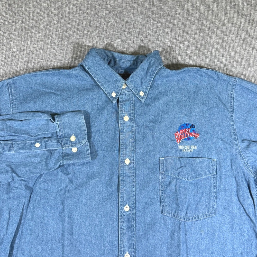 VTG 90s Planet Hollywood Denim Shirt Mens XL Blue South Coast Plaza Retro Top